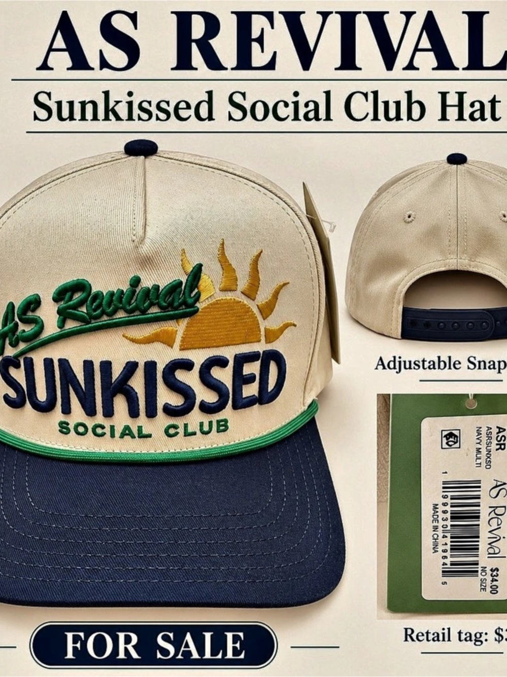 AS Revival Sunkissed Social Club Hat Beige & Blue NWT